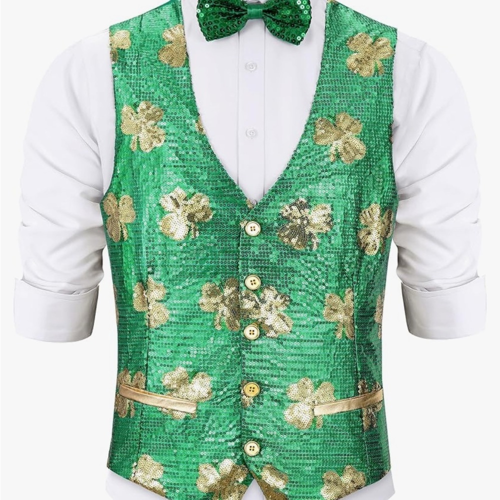 NEW Sequin Vest Party Formal V-neck Shiny Waistcoat Bowtie Set Size XL